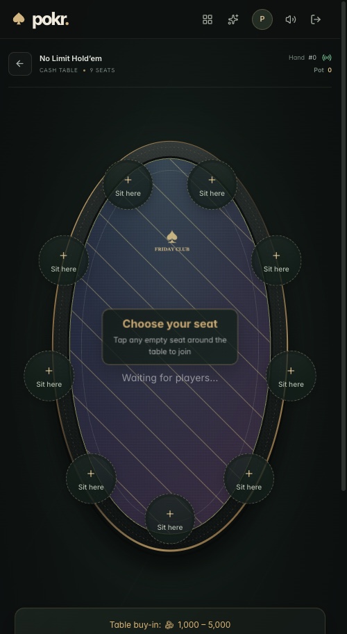The actual pokr table at a narrow browser width, displaying the saved Friday Club felt and logo while waiting for players.