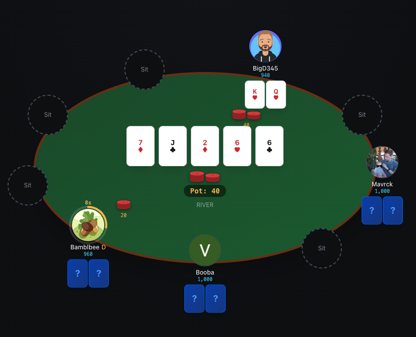 pokr poker table with four players mid-hand